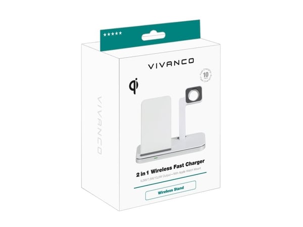 Vivanco 2 in 1 Wireless Fast Charger, Innendørs, USB, 1 m, Hvit