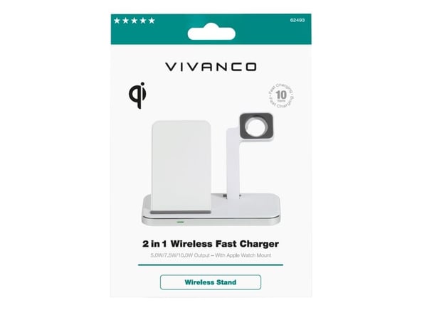 Vivanco 2 in 1 Wireless Fast Charger, Innendørs, USB, 1 m, Hvit