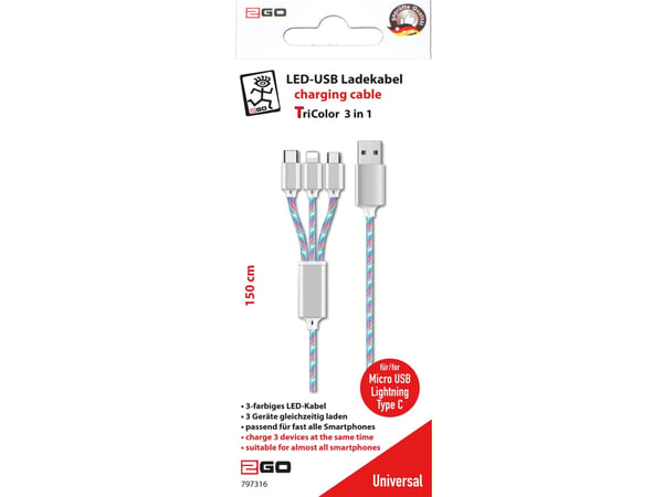 2GO 797316 USB-kabel 1,5 m USB B USB C/Micro-USB B/Lightning Flerfarget (797316)