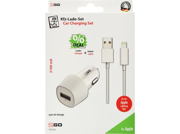 2GO auton lataussarja 2-osainen USB Lightning valkoinen