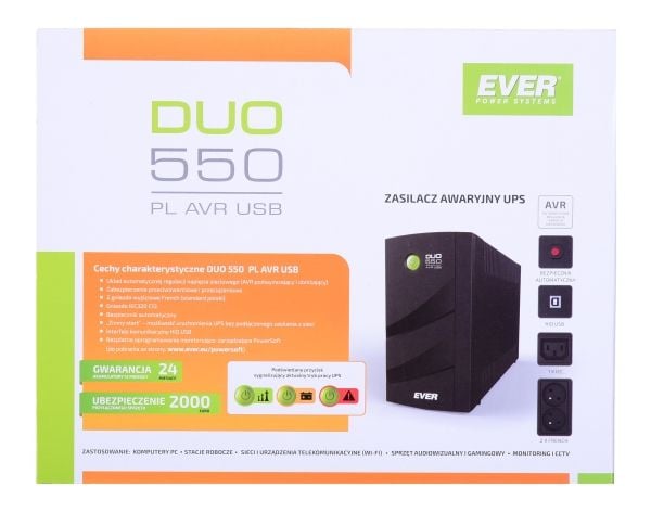 EVER DUO 550 PL AVR USB - UPS - AC 230 V - 330 Watt - 550 VA - 1-vaihe - 5 At - USB - lähtöliittimet: 3