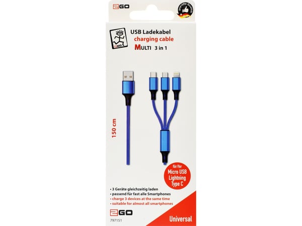 2GO 797151 USB-kabel 1,5 m USB B USB C/Micro-USB B/Lightning Schwarz - Blau (797151)