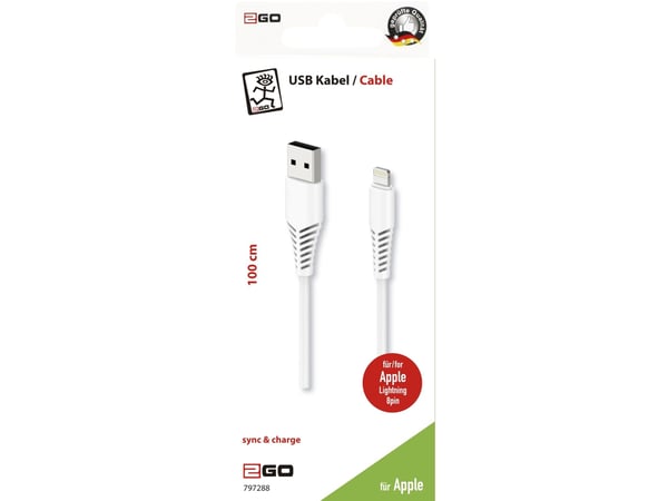 2GO 797288, 1 m, Lightning, USB B, Hankjønn, Hankjønn, Hvit