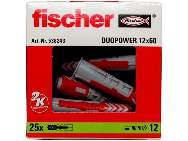 Fischer DuoPower, Veggplugg, Lettbetong, Murstein, Betong, Murverk, Gipsplater, Nylon, Grå, Rød, 1,2 cm, 60 mm