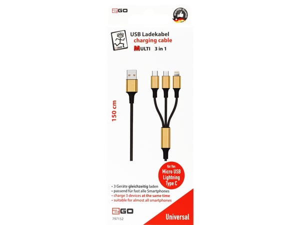 2GO 797152, 3 m, USB B, USB C/Micro-USB B/Lightning, Musta, Kulta