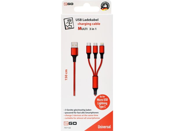 2GO 797150, 1,5 m, USB B, USB C/Micro-USB B/Lightning, Punainen