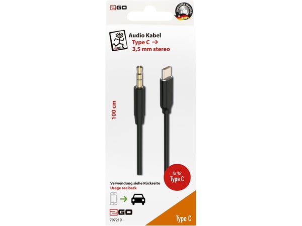 2GO 797219, 3.5mm, Uros, USB Type-C, Uros, 1 m, Musta