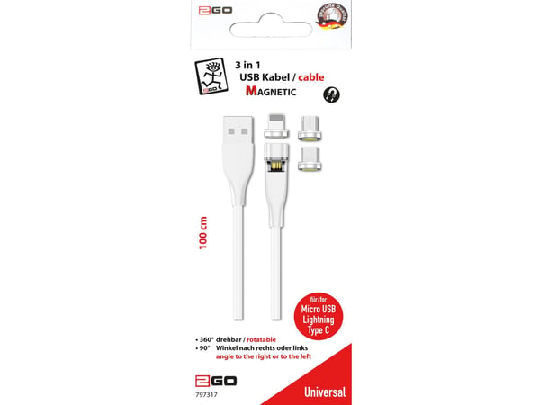 2GO 797317, 1 m, USB B, USB C/Micro-USB B/Lightning, Valkoinen