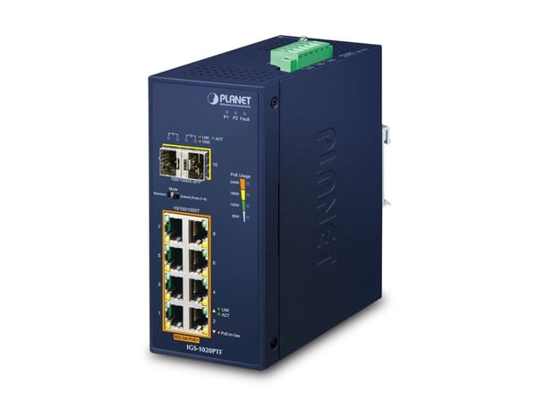 PLANET IGS-1020PTF - Switch - ikke-styrt - 8 x 10/100/1000 (PoE+) + 2 x Gigabit SFP - DIN-skinnemonterbar, veggmonterbar - PoE+ (240 W) - DC-strøm