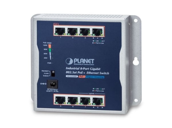 PLANET IP30 Industrial 8-Port, Hallitsematon, Gigabit Ethernet (10/100/1000), Power over Ethernet -tuki, Telineasennus, Seinäkiinnitteinen