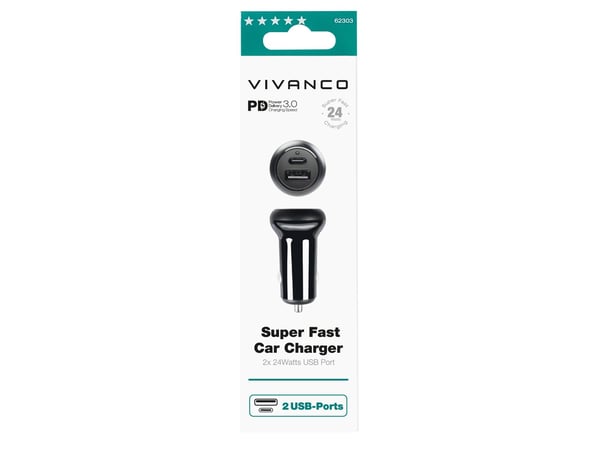 Vivanco Super Fast Car Charger, Automatisk, Cigartenner/lighter, 12 V, Svart