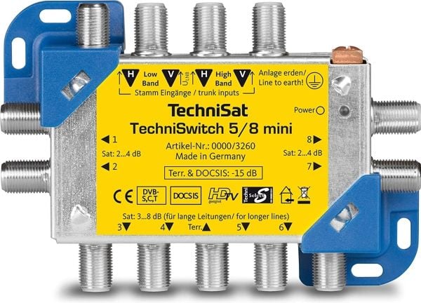 TechniSat TECHNISWITCH 5/8 MINI, Sininen, Keltainen, 1080p, 100 m, 122 mm, 96 mm, 42 mm