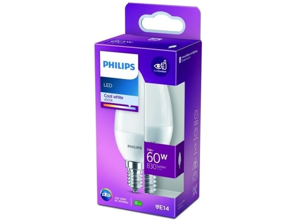 Philips - LED-lyspære - form: B38 - mattslipt finish - E14 - 7 W (ekvivalent 60 W) - klasse E - kjølilg hvitt lys - 4000 K