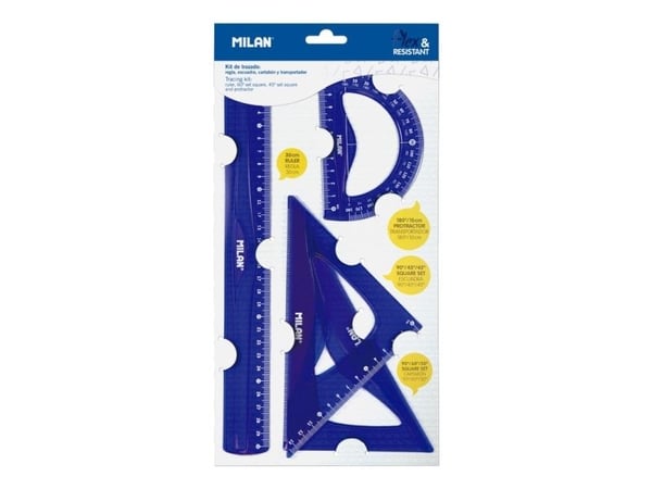 Milan Flex & Resistant Acid, Protractor, Linjal, Triangel, 4 styck, Blå, 45° & 60°, Halvcirkel, 108 g