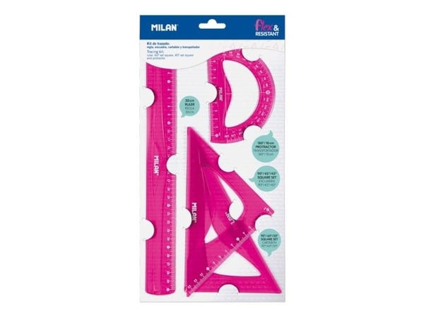 Milan Flex & Resistant Acid, Protractor, Linjal, Trekant, 4 stykker, Rosa, 45° & 60°, Halvsirkel, 108 g