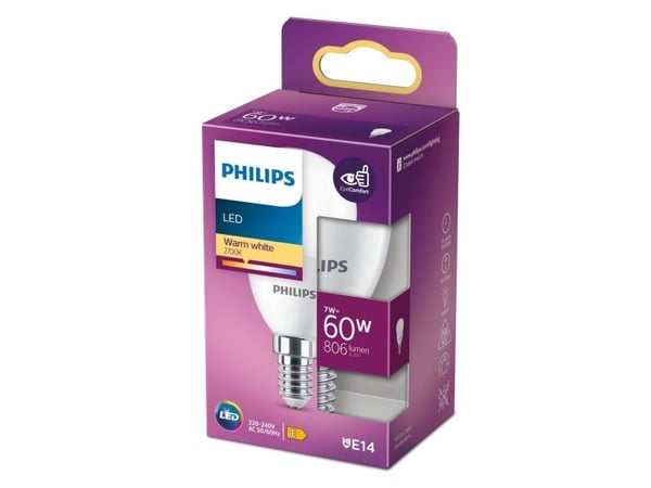 Philips - LED-lyspære - form: P48 - mattslipt finish - E14 - 7 W (ekvivalent 60 W) - klasse E - varmt hvitt lys - 2700 K