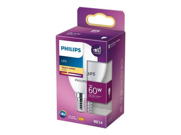 Philips - LED-glödlampa - form: P48 - glaserad finish - E14 - 7 W (motsvarande 60 W) - klass E - varmt vitt ljus - 2700 K