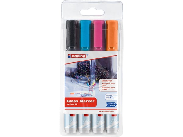 Edding 95 Glass, 4 stykker, Sort, Blå, Oransje, Rosa, Projektil spiss, Flerfarget, Plast, 1,5 mm