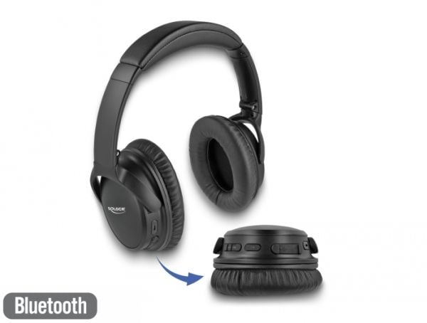 Delock - Hodetelefoner med mikrofon - full størrelse - Bluetooth - trådløs, kablet - 3,5 mm jakk - svart