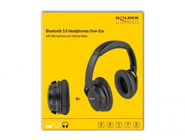 Delock - Hodetelefoner med mikrofon - full størrelse - Bluetooth - trådløs, kablet - 3,5 mm jakk - svart
