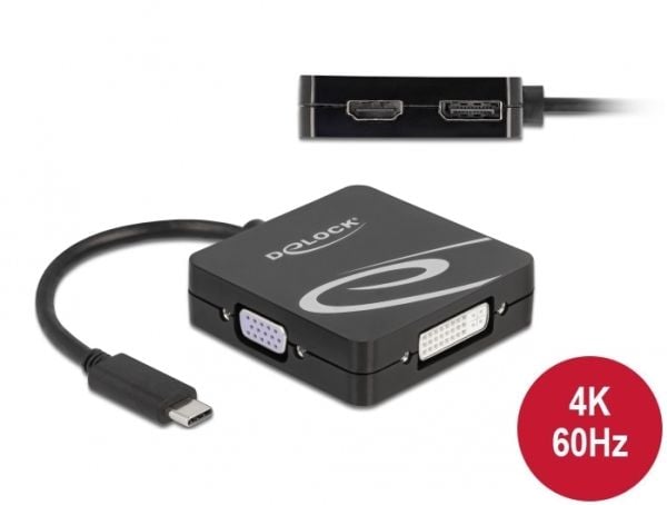 Delock - High Speed - video adapter - enkeltlenke - USB-C hann til 15 pin D-Sub (DB-15), DVI-I, HDMI, DisplayPort hunn - 10 cm - svart - 4K 60Hz (3...