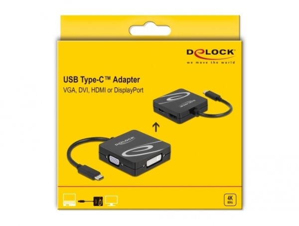 Delock - High Speed - video adapter - enkeltlenke - USB-C hann til 15 pin D-Sub (DB-15), DVI-I, HDMI, DisplayPort hunn - 10 cm - svart - 4K 60Hz (3...