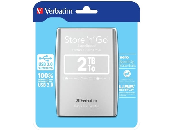 Verbatim Store 'n' Go Portable - Harddisk - 2 TB - ekstern (bærbar) - USB 3.0 - 5400 rpm - sølv