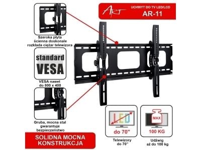 ART AR-11 - Monteringssats (väggmonteringskonsol) - för platt panel - metall - svart pulverlack - skärmstorlek: 42"-70" - väggmonterbar