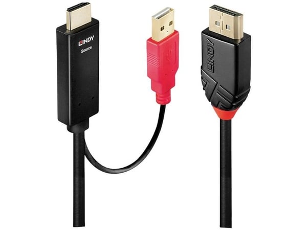 Lindy 41424, 0.5 m, DisplayPort, HDMI + USB, urosliitin, naarasliitin, kultainen