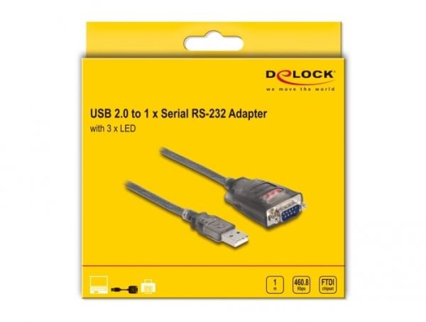 DeLOCK 61400, USB A, RS-232, Musta