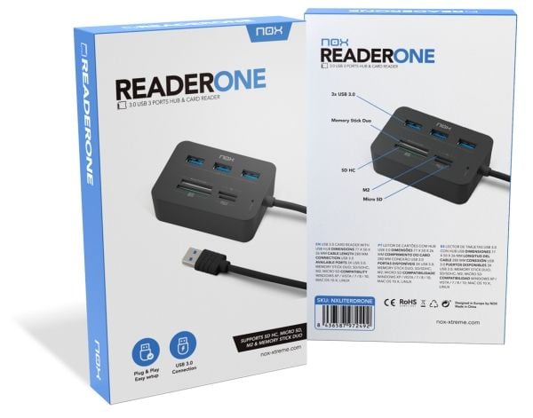 NOX Lite Reader One, Ledningsført, USB 3.2 Gen 1 (3.1 Gen 1) Type-A, Sort, MS Duo, MS Micro (M2), MicroSD (TransFlash), SDHC, 5 Gbit/sek., USB