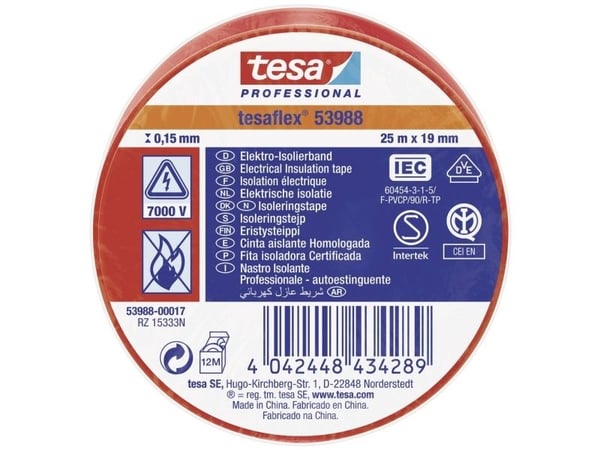tesa tesaflex isolasjonstape rød 25 m x 19 mm 1 stk IEC 53988-00017-00 tesa tesaflex isolasjonstape rød 25 m x 19 mm 1 stk IEC 53988-00017-00