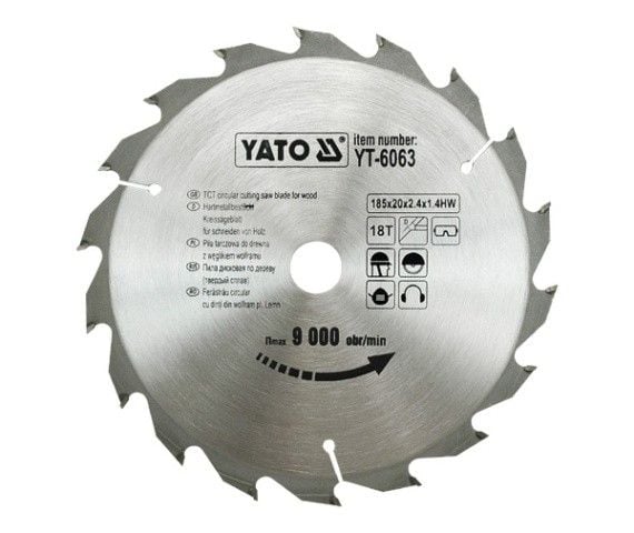 Yato YT-6063, Tre, 18,5 cm, 2 cm, Tungsten Carbide Tipped (TCT), 9000 RPM, 374 g
