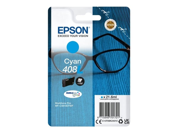 Epson Singlepack Cyan 408L DURABrite Ultra Ink, Korkea (XL) värintuotto, Väriainepohjainen muste, 21,6 ml, 1 kpl