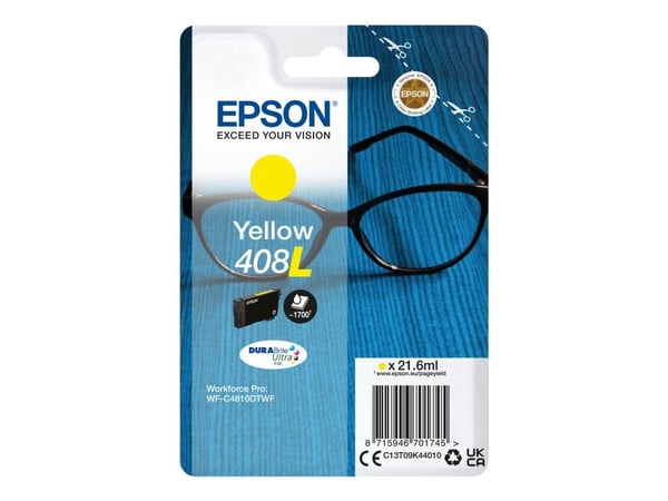 Epson Singlepack Yellow 408L DURABrite Ultra Ink, Korkea (XL) värintuotto, Väriainepohjainen muste, 21,6 ml, 1700 sivua, 1 kpl, Kertapakkaus