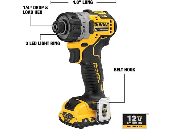 DeWALT DCF601D2, Akkuruuvinväännin, Pistoolikahva, Musta, Keltainen, 1100 RPM, 8 Nm, Akku