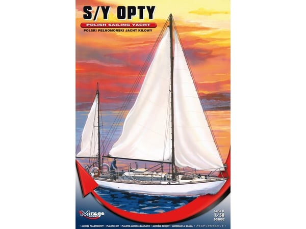 Mirage S/Y OPTY-Kit inkluderer en plastyachtmodell for montering.