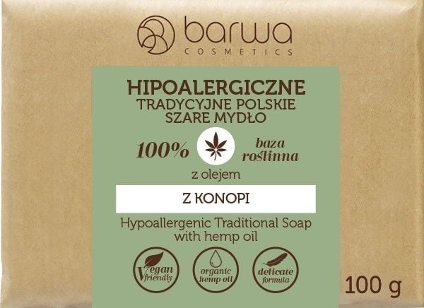 BARWA Hypoallergenic tradisjonell såpe i grå stang med hampolje 100 g BARWA Hypoallergenic tradisjonell såpe i grå stang med hampolje 100 g