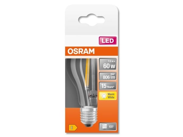 OSRAM LED Retrofit CLASSIC A - LED-filamentlyspære - form: A60 - klar finish - E27 - 7 W (ekvivalent 60 W) - klasse E - varmt hvitt lys - 2700 K