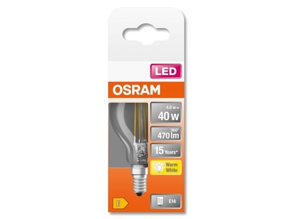 OSRAM STAR CLASSIC P - LED-filamentlyspære - form: P45 - klar finish - E14 - 4 W (ekvivalent 40 W) - klasse E - varmt hvitt lys - 2700 K