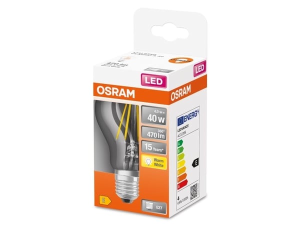 OSRAM STAR CLASSIC A - LED-glödlampa med filament - form: A60 - klar finish - E27 - 4 W (motsvarande 40 W) - klass E - varmt vitt ljus - 2700 K