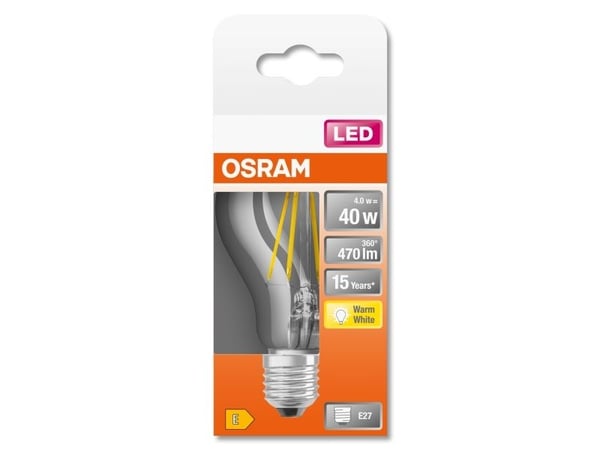 OSRAM STAR CLASSIC A - LED-glödlampa med filament - form: A60 - klar finish - E27 - 4 W (motsvarande 40 W) - klass E - varmt vitt ljus - 2700 K