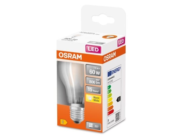 OSRAM STAR CLASSIC A - LED-filamentlyspære - form: A60 - mattslipt finish - E27 - 7 W (ekvivalent 60 W) - klasse E - varmt hvitt lys - 2700 K