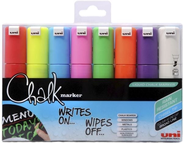 Kridtmarker uni-ball, skrå, etui a 8 farver