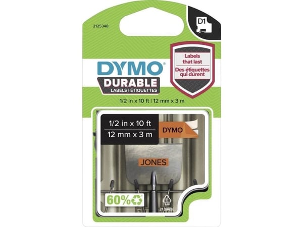 DYMO D1 - vinyylikestotarrat - musta oranssilla -12mm x 3m, Musta oranssilla, Monivärinen, Vinyyli, Belgia, -40 - 80 °C, DYMO