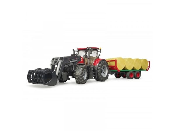 Bruder Case IH Optum 300 CVX with frontloader with bale transport trailer toy