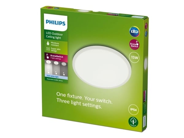Philips Superslim-taklampe, 15 W, Hvit, Metall, Plast, IP54, Terrasse, Hage, II, Tidsriktig