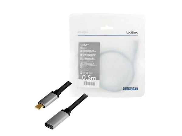 LogiLink CUA0105, 0,5 m, USB C, USB C, USB 3.2 Gen 2 (3.1 Gen 2), 10 Gbit/s, Sort, Grå