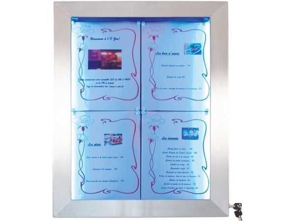 Tietonäyttö 4xA4 50x75 cm, LED-valo, ruostumaton teräsrunko. Leveres uden stander, fod og batteri