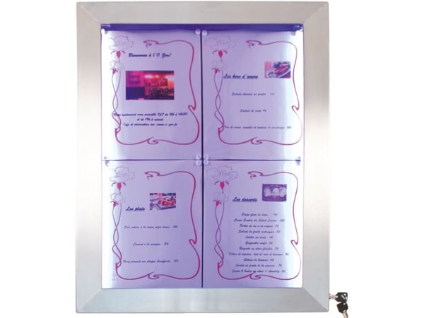 Tietonäyttö 4xA4 50x75 cm, LED-valo, ruostumaton teräsrunko. Leveres uden stander, fod og batteri